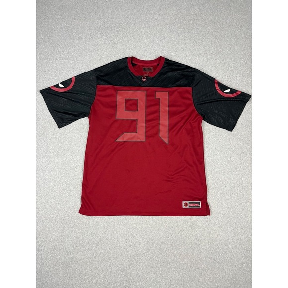 Marvel Other - Marvel Deadpool Football Jersey Mens XL Red Black Color Block 91 Superhero